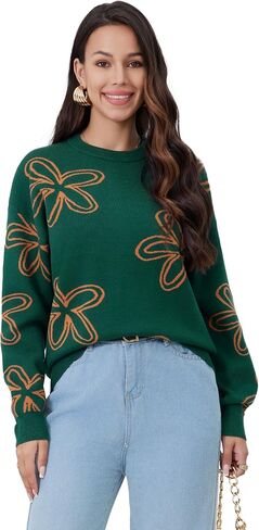 Women's Sweater Stretch Cable Knit Pullover Top Floral Crewneck Winter in Saudi Arabia
