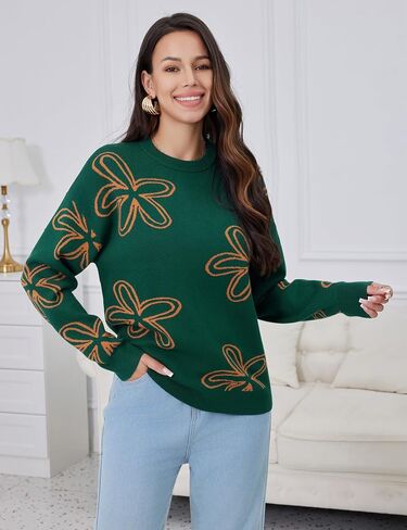 Women's Sweater Stretch Cable Knit Pullover Top Floral Crewneck Winter in Saudi Arabia