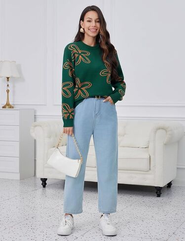 Women's Sweater Stretch Cable Knit Pullover Top Floral Crewneck Winter in Saudi Arabia