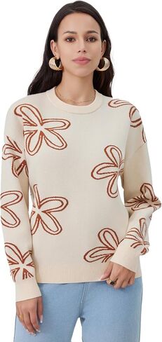 Women's Sweater Stretch Cable Knit Pullover Top Floral Crewneck Winter in Saudi Arabia