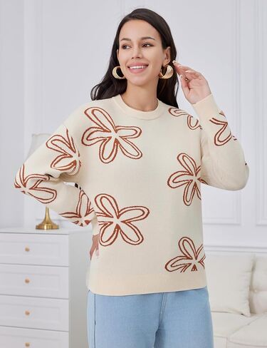 Women's Sweater Stretch Cable Knit Pullover Top Floral Crewneck Winter in Saudi Arabia
