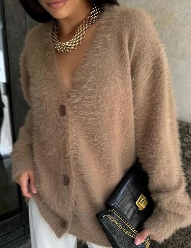 سترة COZYPOIN للسيدات من الموهير الغامض مفتوحة من الأمام وزر سفلي ورقبة على شكل حرف V وأكمام طويلة معطف منسوج بكتف منسدل (كاكي-M) in Kuwait