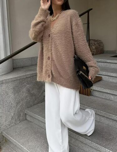 سترة COZYPOIN للسيدات من الموهير الغامض مفتوحة من الأمام وزر سفلي ورقبة على شكل حرف V وأكمام طويلة معطف منسوج بكتف منسدل (كاكي-M) in Kuwait