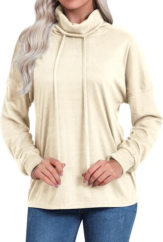 Ezcosplay Women Cowl Neck Sweatshirt Casual Long Sleeve Pullovers Shirt Drawstring Sport Loose Tops in Saudi Arabia