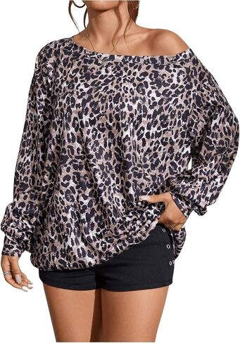 Milumia Women's Leopard Print One Off The Shoulder Sweatshirts Trendy Long Sleeve Pullover Top in Saudi Arabia