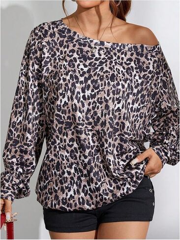Milumia Women's Leopard Print One Off The Shoulder Sweatshirts Trendy Long Sleeve Pullover Top in Saudi Arabia