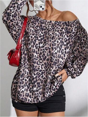 Milumia Women's Leopard Print One Off The Shoulder Sweatshirts Trendy Long Sleeve Pullover Top in Saudi Arabia