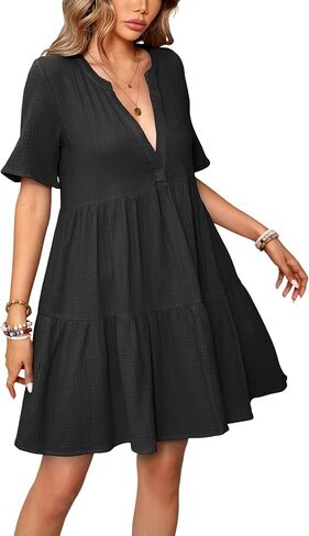 R.Vivimos Womens Summer Cotton Flowy Mini Dress V Neck Short Sleeve Boho Ruffle Tiered Casual Loose Tunic Dress in Kuwait
