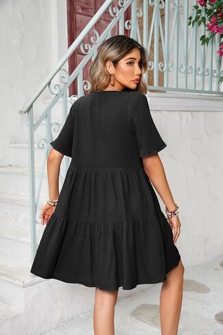 R.Vivimos Womens Summer Cotton Flowy Mini Dress V Neck Short Sleeve Boho Ruffle Tiered Casual Loose Tunic Dress in Kuwait