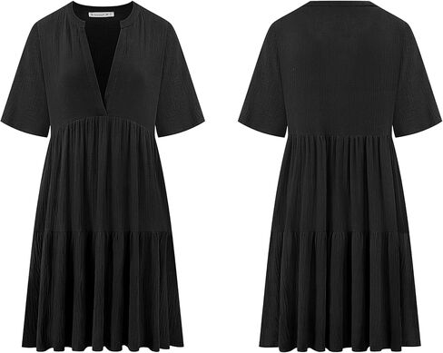 R.Vivimos Womens Summer Cotton Flowy Mini Dress V Neck Short Sleeve Boho Ruffle Tiered Casual Loose Tunic Dress in Kuwait