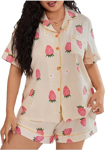 WDIRARA Women's Plus Size Graphic Print Collared Neck Short Sleeve Button Front Pajama Set with Shorts in Saudi Arabia