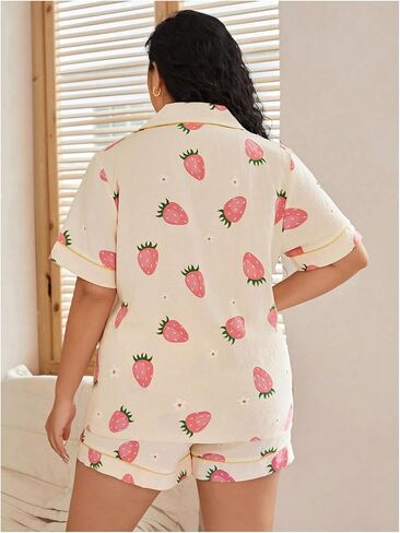 WDIRARA Women's Plus Size Graphic Print Collared Neck Short Sleeve Button Front Pajama Set with Shorts in Saudi Arabia