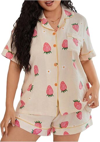 WDIRARA Women's Plus Size Graphic Print Collared Neck Short Sleeve Button Front Pajama Set with Shorts in Saudi Arabia
