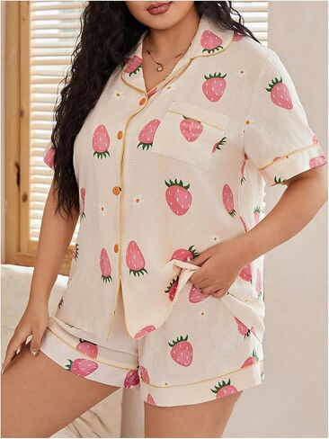 WDIRARA Women's Plus Size Graphic Print Collared Neck Short Sleeve Button Front Pajama Set with Shorts in Saudi Arabia