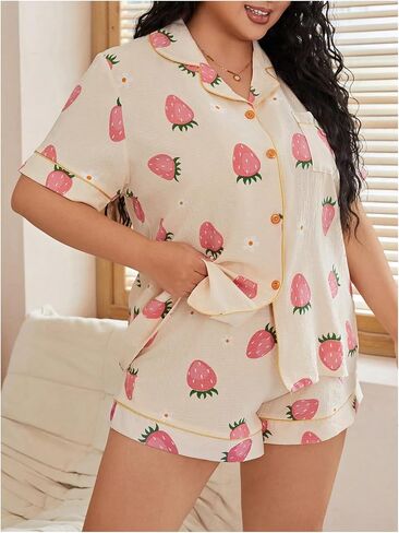 WDIRARA Women's Plus Size Graphic Print Collared Neck Short Sleeve Button Front Pajama Set with Shorts in Saudi Arabia