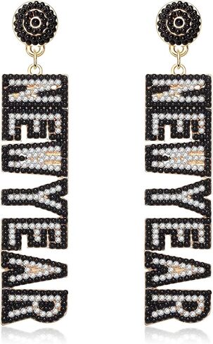 Happy New Year Earrings for Women Beaded Holiday Earrings Rhinestone NEW YEAR Letter Dangle Earrings 2024 New Year's Eve Festive Party Jewelry Gifts in Kuwait