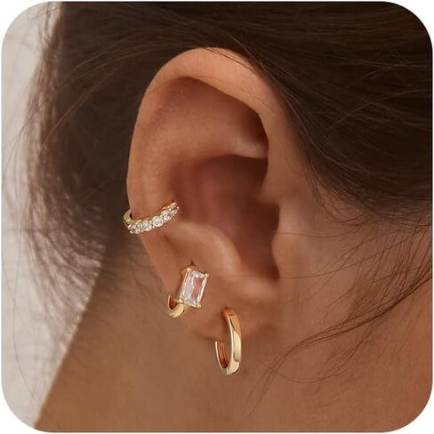 Gold Hoop Earrings Set for Women, 14K Gold Plated Huggie Hoop Earring Hypoallergenic Open Lightweight Earrings Cubic Zirconia Cartilage Tiny Earrings Jewelry for Women Gift in Saudi Arabia