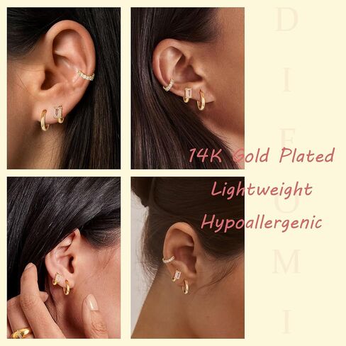Gold Hoop Earrings Set for Women, 14K Gold Plated Huggie Hoop Earring Hypoallergenic Open Lightweight Earrings Cubic Zirconia Cartilage Tiny Earrings Jewelry for Women Gift in Saudi Arabia