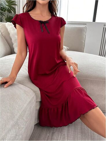 MakeMeChic Women's Bow Knot Nightgowns Cap Sleeve Round Neck Lettuce Trim A Line Lounge Dress in Saudi Arabia