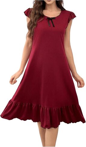 MakeMeChic Women's Bow Knot Nightgowns Cap Sleeve Round Neck Lettuce Trim A Line Lounge Dress in Saudi Arabia