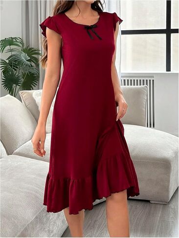 MakeMeChic Women's Bow Knot Nightgowns Cap Sleeve Round Neck Lettuce Trim A Line Lounge Dress in Saudi Arabia
