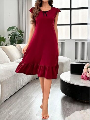 MakeMeChic Women's Bow Knot Nightgowns Cap Sleeve Round Neck Lettuce Trim A Line Lounge Dress in Saudi Arabia