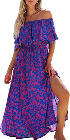 CUPSHE Women Ruffle Floral Maxi Summer Dress Off Shoulder Short Sleeve Backless Flounce Bodice Slit Hem Beach Dresses in Saudi Arabia