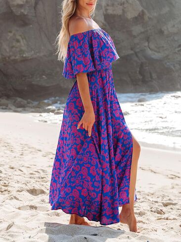 CUPSHE Women Ruffle Floral Maxi Summer Dress Off Shoulder Short Sleeve Backless Flounce Bodice Slit Hem Beach Dresses in Saudi Arabia
