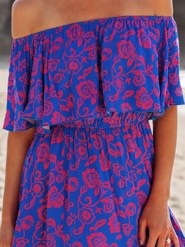 CUPSHE Women Ruffle Floral Maxi Summer Dress Off Shoulder Short Sleeve Backless Flounce Bodice Slit Hem Beach Dresses in Saudi Arabia