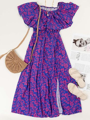 CUPSHE Women Ruffle Floral Maxi Summer Dress Off Shoulder Short Sleeve Backless Flounce Bodice Slit Hem Beach Dresses in Saudi Arabia