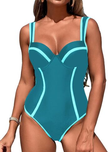 Tummy Control Swimsuits for Women Slimming One Piece Bathing Suit Color Block V Neck Swimwear in Saudi Arabia