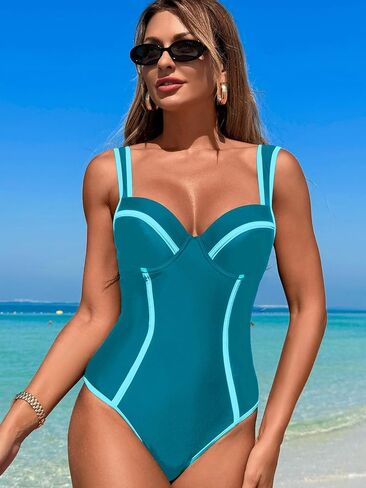 Tummy Control Swimsuits for Women Slimming One Piece Bathing Suit Color Block V Neck Swimwear in Saudi Arabia