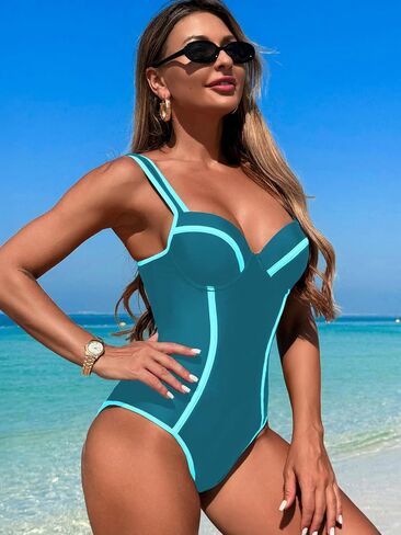 Tummy Control Swimsuits for Women Slimming One Piece Bathing Suit Color Block V Neck Swimwear in Saudi Arabia