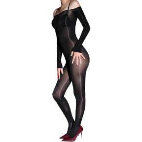 RUIBAVYA Bodysuits for Women Oil Shiny Bodystocking 6D Tights Long Sleeves Bodysuit Nightwear Adjustable Bust Sheer Catsuit