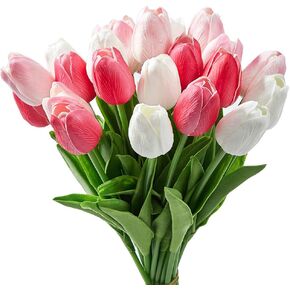 24pcs Multicolor Artificial Tulips Flowers Real Touch Tulips Fake Faux PU Tulips for Home Room Party Wedding Decoration Gift for Mothers Day