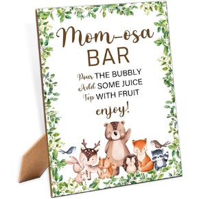 Mom-osa Bar Sign - Woodland Baby Shower Sign, 1 Pack Wooden Sign with Stand, Gender Neutral Party Table Decor, Animals Forest Baby Shower Supplies (LB02)