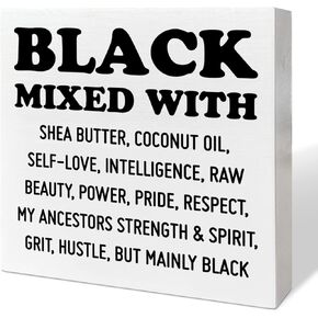 Black Women Girl Desk Wooden Box Sign Decor, Black Mixed with Power, Inspirational Afro African American Women Decor Motivational Home Office Bedroom Living Room Decoration Black Women Girl Gifts