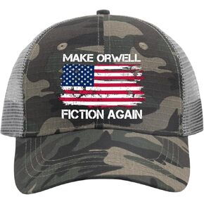 Make Orwelll Fiction Again Camo Hat Mens Funny Caps Women AllBlack Camouflage Cap Vintage for Farmer