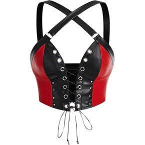 MakeMeChic Women's PU Leather Tops Colorblock Wide Strap Camisole Criss Cross Backless Fitted Party Crop Top