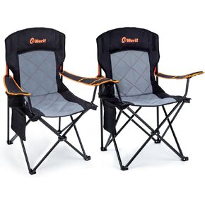 EMERIT 2 Pack Oversized Padded Camping Chair, 350LB Heavy Duty Quad Fold Chair with Arms, Collapsible Outdoor Chairs with Lumbar Back & Cup Holder