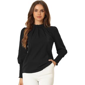 Allegra K Women's Long Sleeve Blouse Mock Neck 2023 Fashion Pleated Solid Chiffon Work Shirt Top