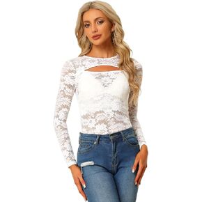 Allegra K See Through Top for Women's Cut Out Long Sleeve Semi Sheer Fitted Lace Top