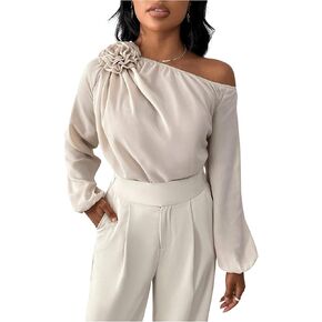 MakeMeChic Women's One Shoulder Tops 3D Floral Applique Long Sleeve Trendy Tops Shirt Blouse