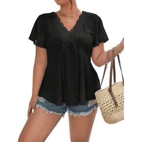 MakeMeChic Women's Plus Size Lace Trim V Neck T Shirt Peplum Flounce Short Sleeve Eyelet Schiffy Tops Summer Casual Blouse