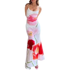 Women Sexy Floral Print Maxi Dress Spaghetti Strap Backless Bodycon Party Cocktail Long Dresses