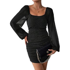 WDIRARA Women's Glitter Square Neck Mesh Bishop Long Sleeve Ruched Party Bodycon Dress