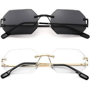 Rimless Sunglasses for Men Women -Octagon Frameless Sun Glasses Black Shade Polygon Tinted Eyewear