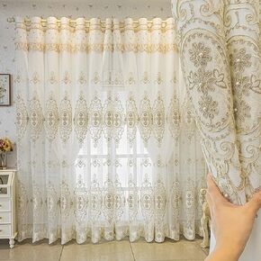 Amidoudou 1 Pair European Double Layer Curtains with Valances for Living Room Bedroom Luxury 3D Flower Embroidered Semi-Blackout Curtains (White,51x84 Inch)