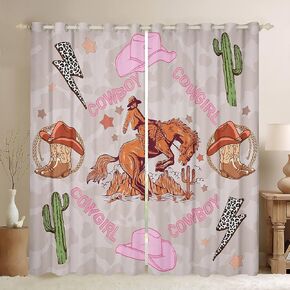 Western Cowboy Window Curtains,Pink Cowgirl Hat Boots Stars Cactus Kitchen Window Treatments,Leopard Print Lightning Rodeo Boho Window Drapes for Home Decor, 2 Panels, 42Wx63L inch