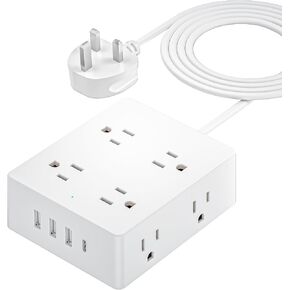 European Travel Plug Adapter, Olcorife Power Strip with EU UK US Plug Adapter, 8 Outlets 4 USB Ports with 5ft Extension Cord, International Power Adapter for US to Europe UK